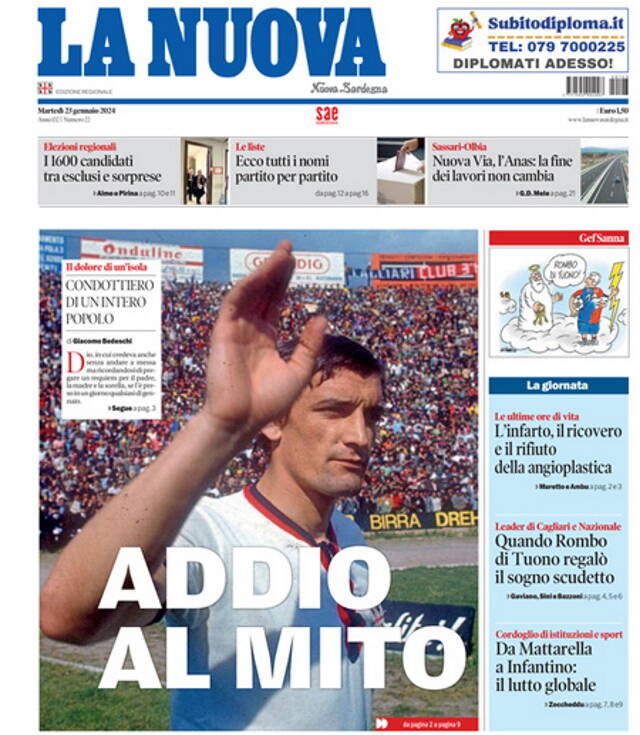 Gigi Riva, le prime pagine dei giornali