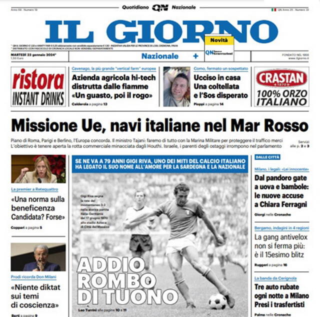 Gigi Riva, le prime pagine dei giornali