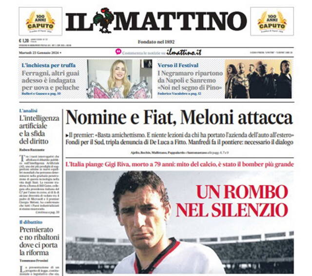 Gigi Riva, le prime pagine dei giornali