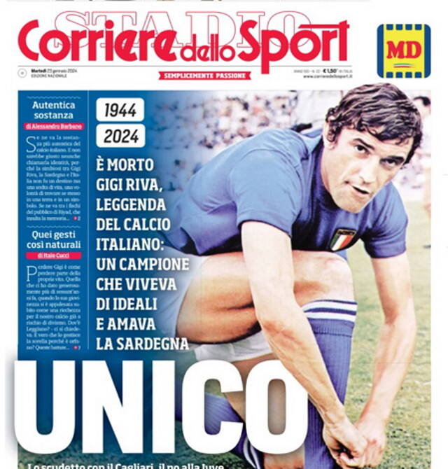 Gigi Riva, le prime pagine dei giornali