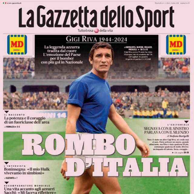Gigi Riva, le prime pagine dei giornali